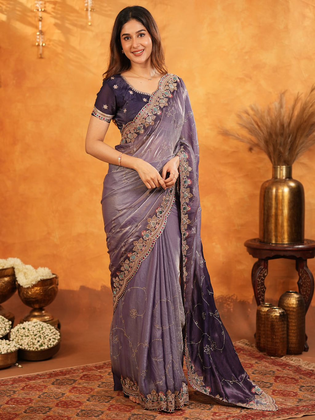 Royal Lavender Purple Fendy Satin Embroidered Saree with Intricate Floral Border & Tassels | Designer Party Wear Saree with Heavy Embroidered Blouse