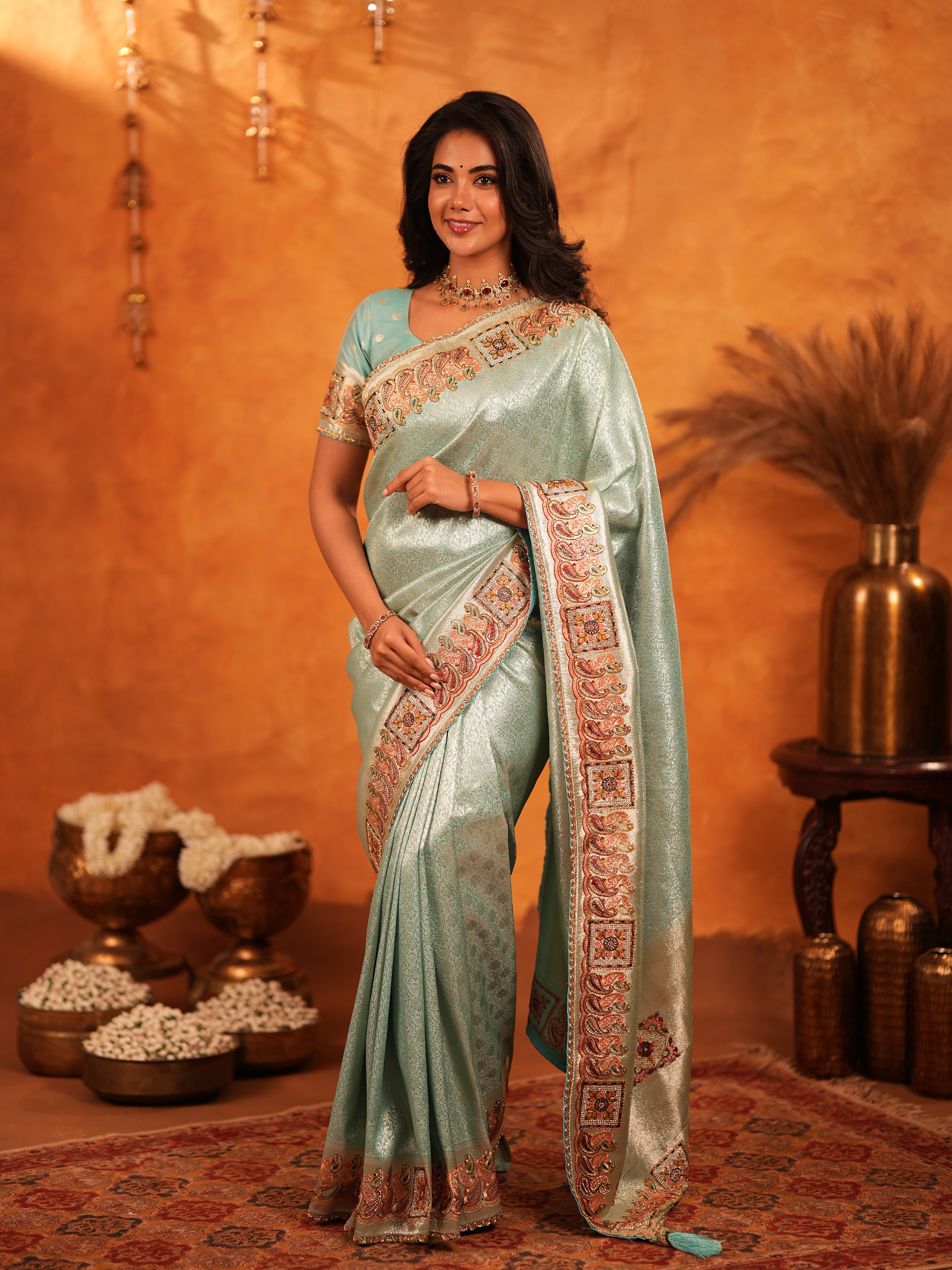 Mint Green Banarasi Silk Saree with Intricate Zari Weaving & Heavy Ornamental Embroidered Border | Elegant Festive & Wedding Wear Saree with Blouse