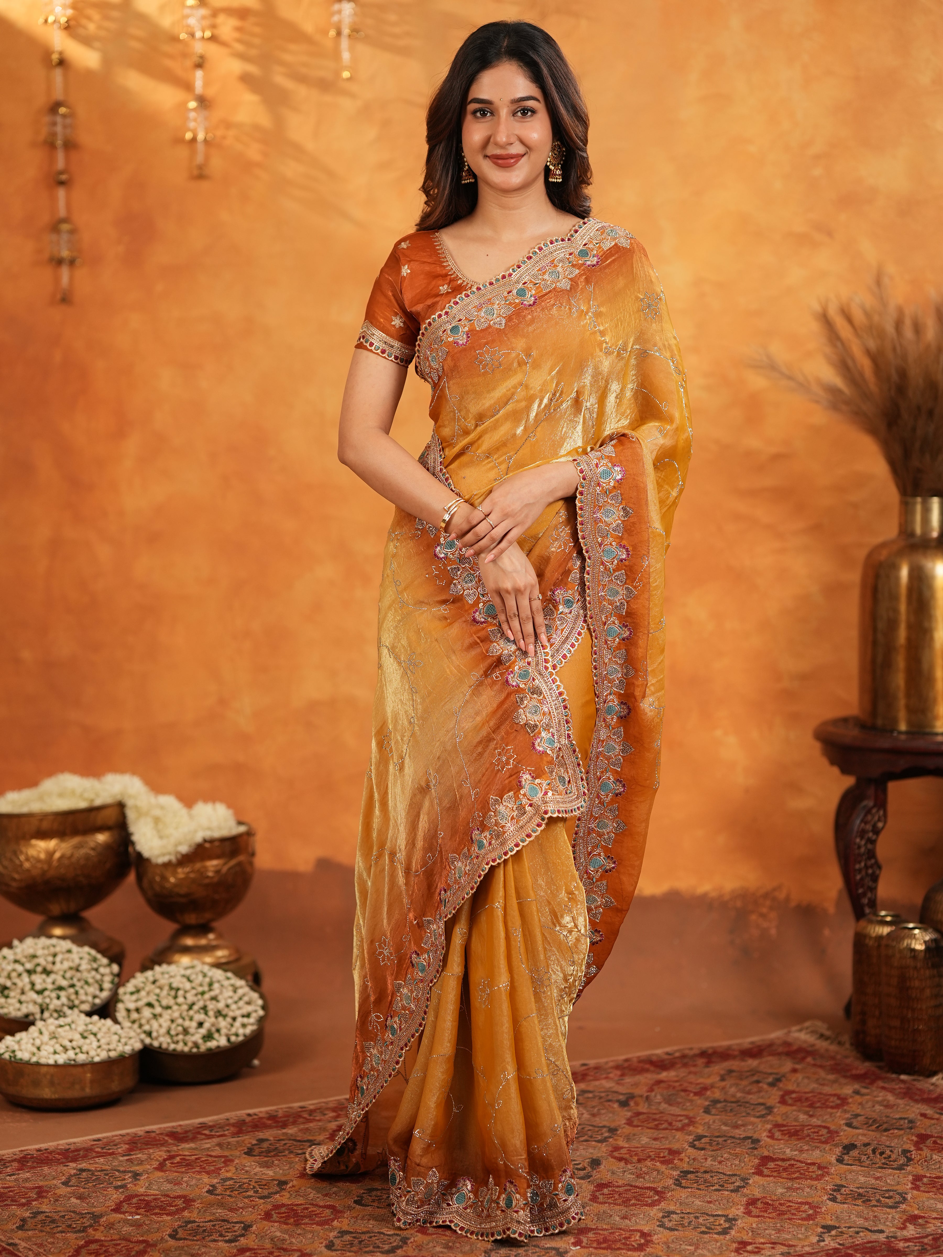 Mustard Gold Fendy Satin Embroidered Saree with Multicolor Floral Border & Tassels | Designer Festive Party Wear Saree with Heavy Embroidered Blouse