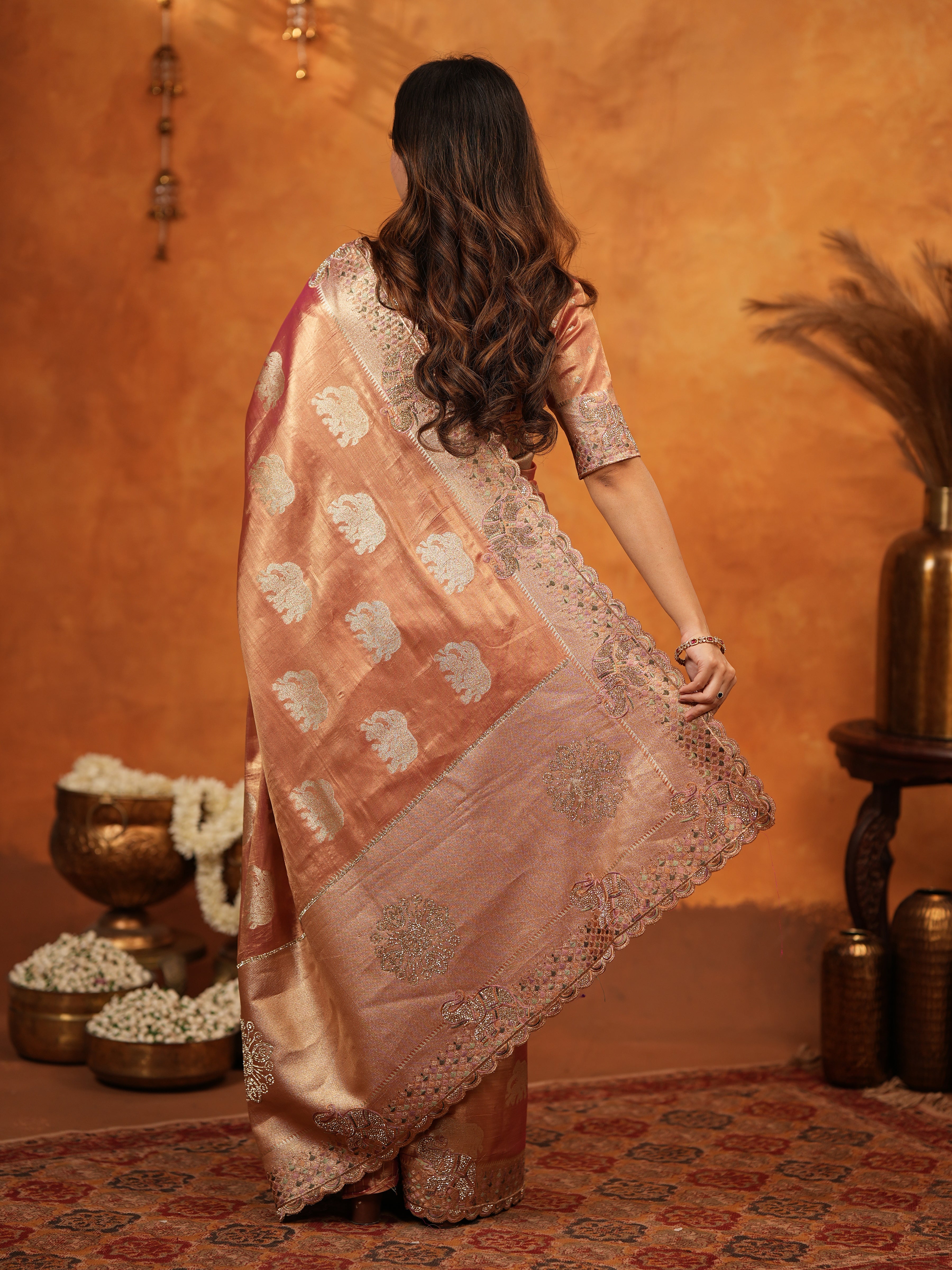 Peach Pink Tissue Silk Embroidered Saree with Zari Motifs & Designer Border | Heavy Embroidered Blouse with Tassels | Wedding & Festive Wear Saree