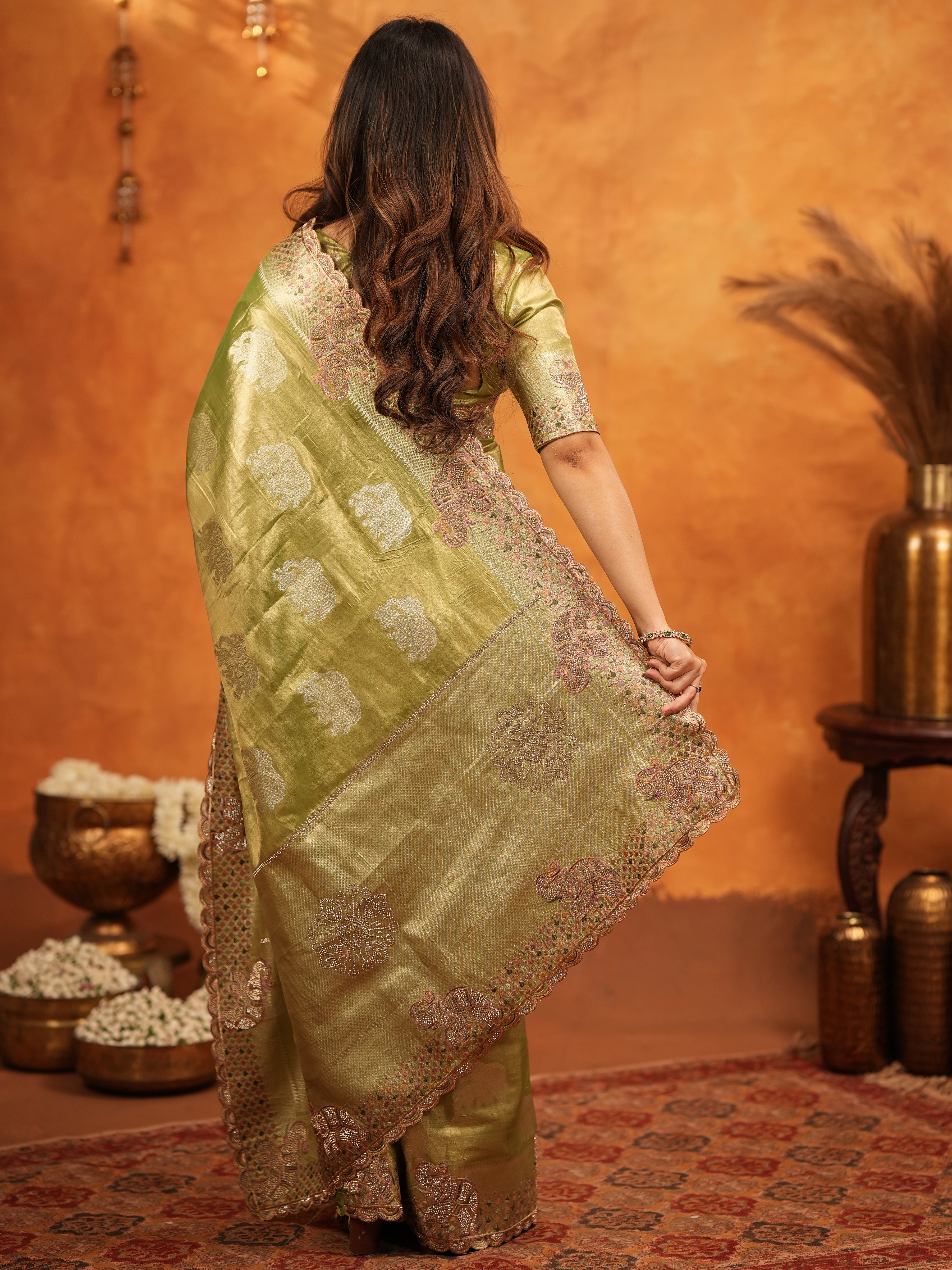 Mehendi Green Tissue Silk Embroidered Saree with Zari Motifs & Designer Border | Heavy Embroidered Blouse with Tassels | Wedding & Festive Wear Saree