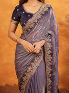 Royal Lavender Purple Fendy Satin Embroidered Saree with Intricate Floral Border & Tassels | Designer Party Wear Saree with Heavy Embroidered Blouse