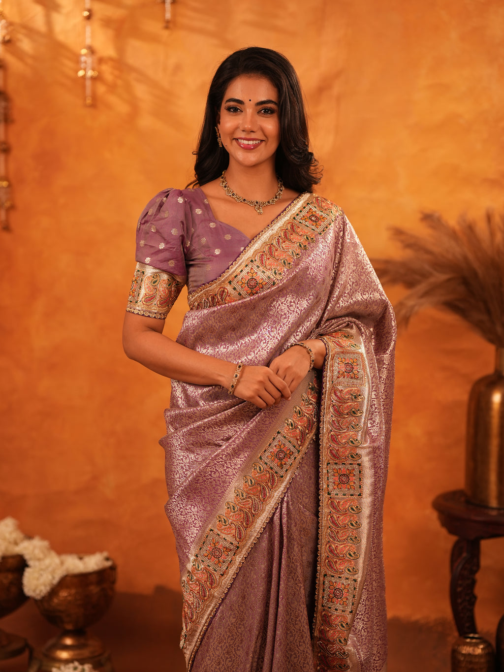 Dusty Mauve Banarasi Silk Saree with Intricate Zari Weaving & Rich Embroidered Border | Elegant Wedding & Festive Wear Saree with Blouse