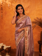 Dusty Mauve Banarasi Silk Saree with Intricate Zari Weaving & Rich Embroidered Border | Elegant Wedding & Festive Wear Saree with Blouse