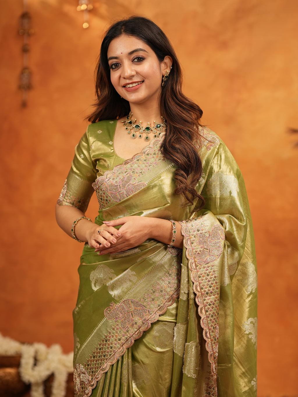 Mehendi Green Tissue Silk Embroidered Saree with Zari Motifs & Designer Border | Heavy Embroidered Blouse with Tassels | Wedding & Festive Wear Saree
