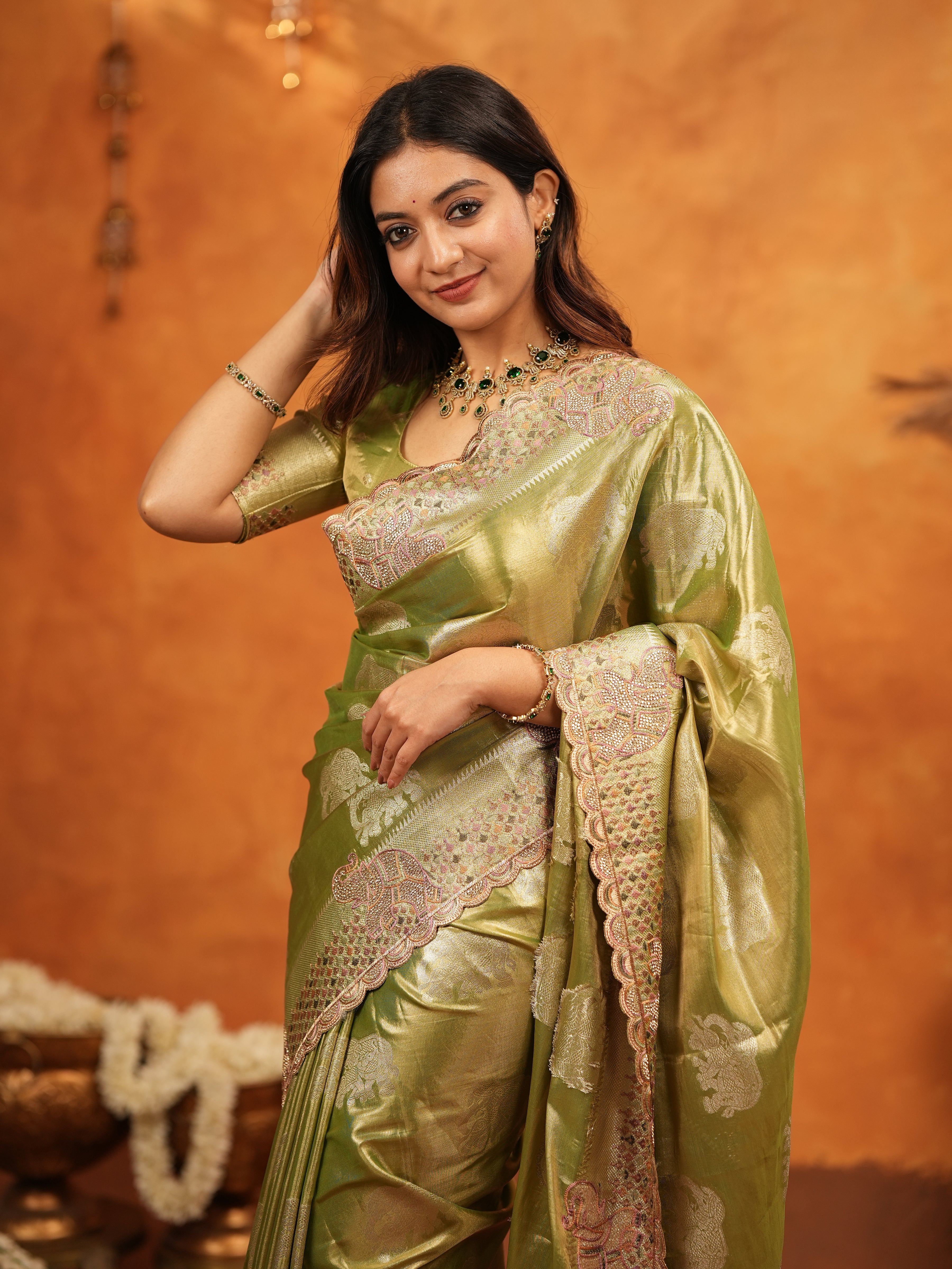 Mehendi Green Tissue Silk Embroidered Saree with Zari Motifs & Designer Border | Heavy Embroidered Blouse with Tassels | Wedding & Festive Wear Saree