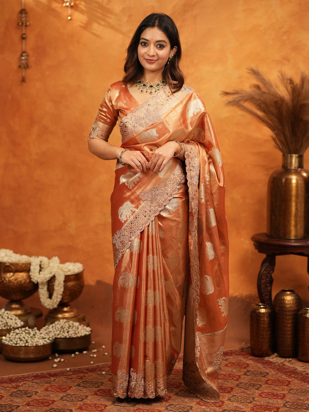 Rust Orange Tissue Silk Embroidered Saree with Zari Motifs & Designer Border | Heavy Embroidered Blouse with Tassels | Wedding & Festive Wear Saree