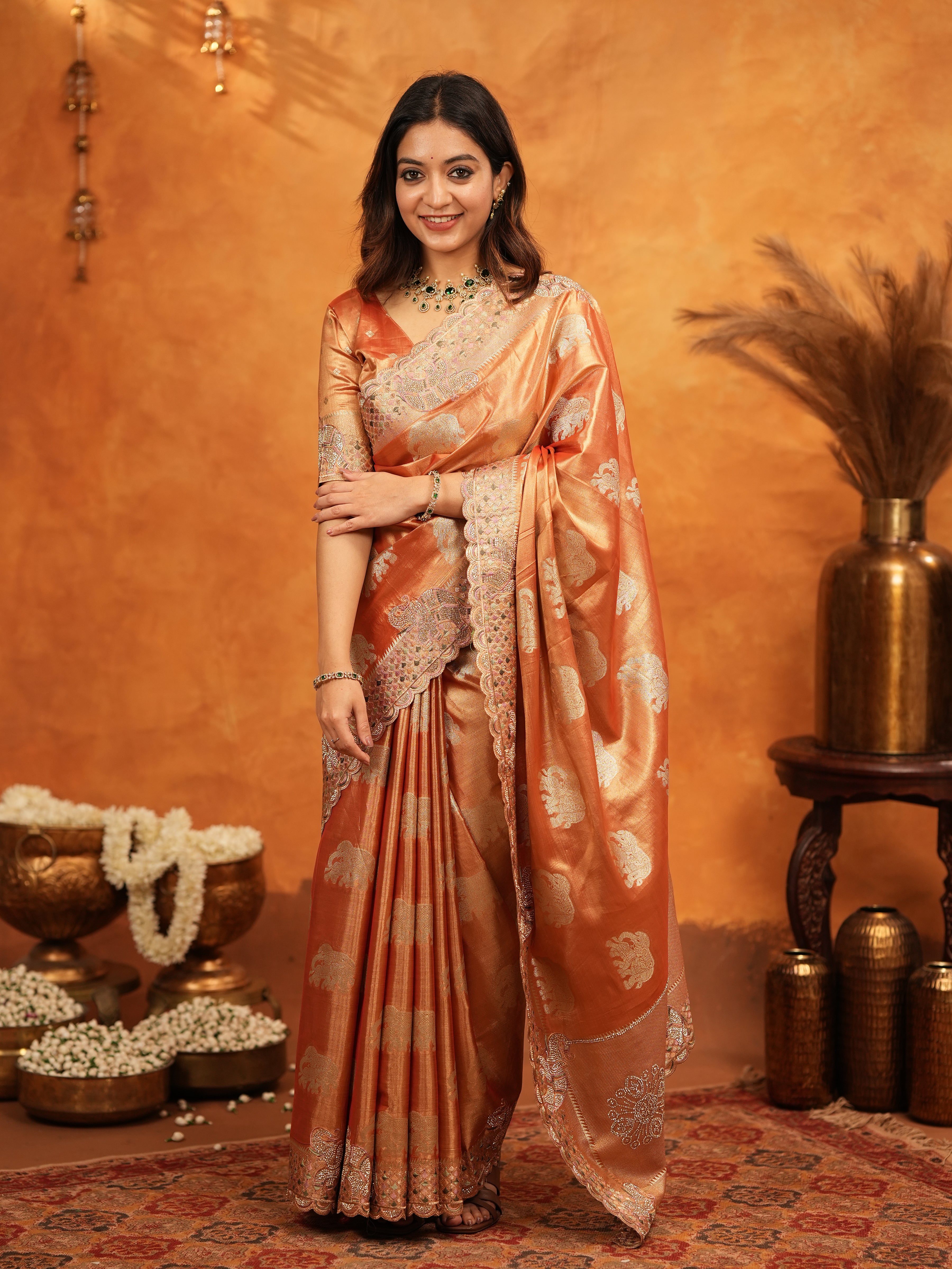 Rust Orange Tissue Silk Embroidered Saree with Zari Motifs & Designer Border | Heavy Embroidered Blouse with Tassels | Wedding & Festive Wear Saree