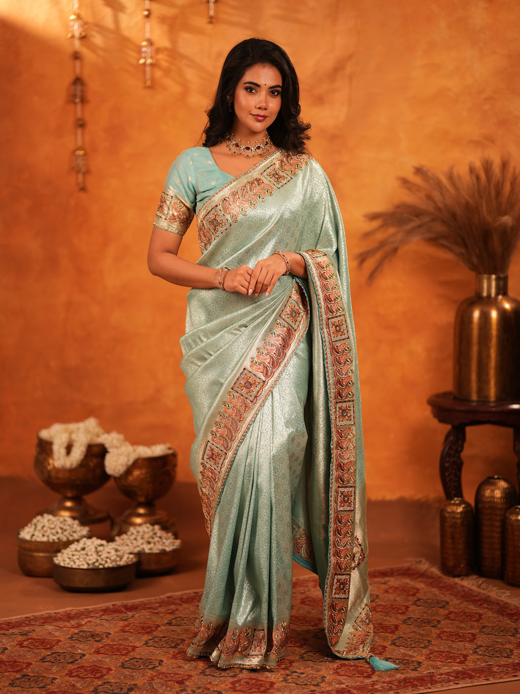 Mint Green Banarasi Silk Saree with Intricate Zari Weaving & Heavy Ornamental Embroidered Border | Elegant Festive & Wedding Wear Saree with Blouse