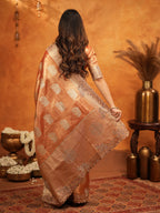 Rust Orange Tissue Silk Embroidered Saree with Zari Motifs & Designer Border | Heavy Embroidered Blouse with Tassels | Wedding & Festive Wear Saree