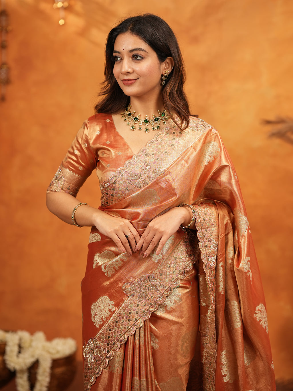 Rust Orange Tissue Silk Embroidered Saree with Zari Motifs & Designer Border | Heavy Embroidered Blouse with Tassels | Wedding & Festive Wear Saree