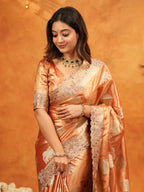 Rust Orange Tissue Silk Embroidered Saree with Zari Motifs & Designer Border | Heavy Embroidered Blouse with Tassels | Wedding & Festive Wear Saree