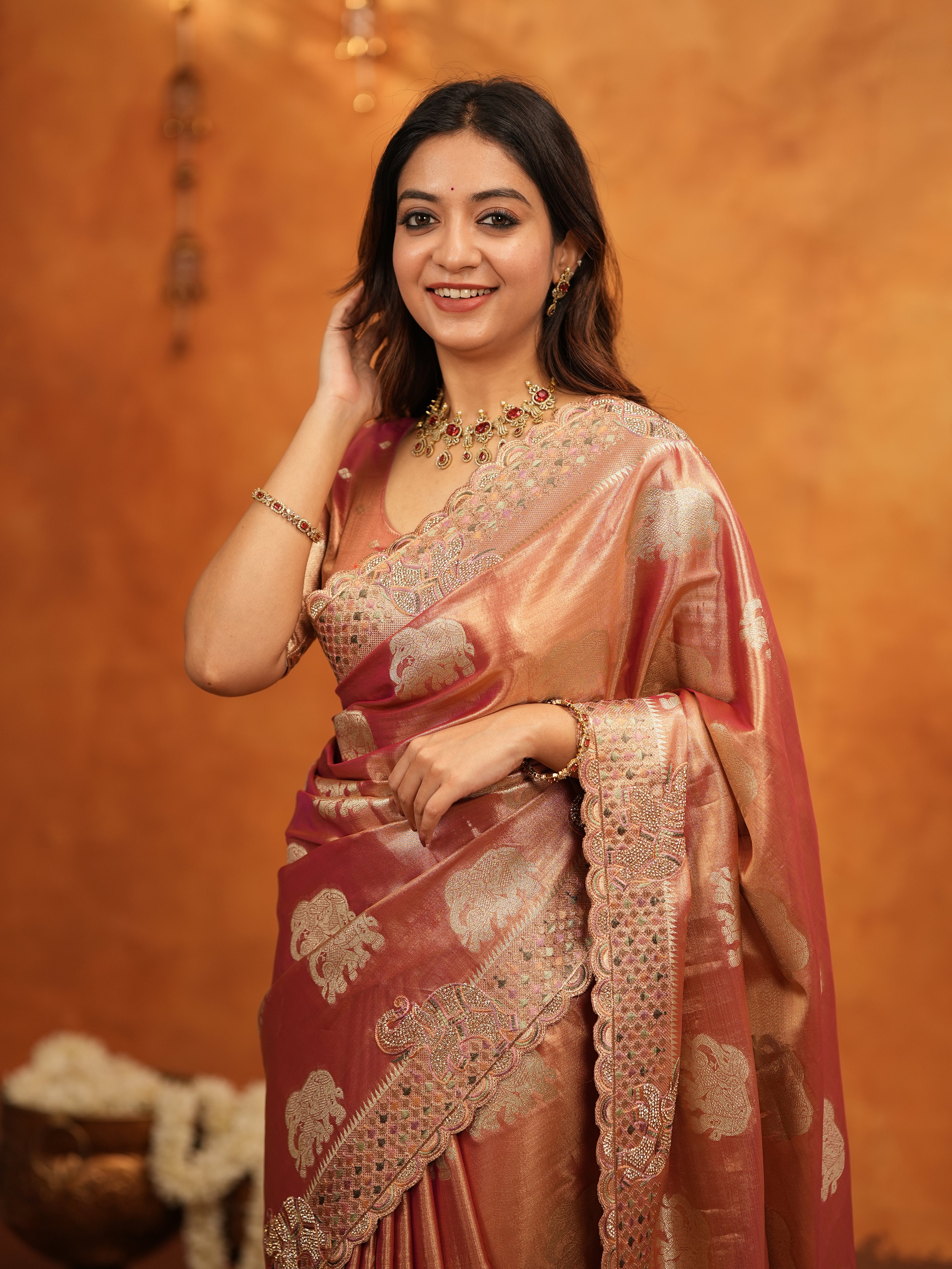 Peach Pink Tissue Silk Embroidered Saree with Zari Motifs & Designer Border | Heavy Embroidered Blouse with Tassels | Wedding & Festive Wear Saree
