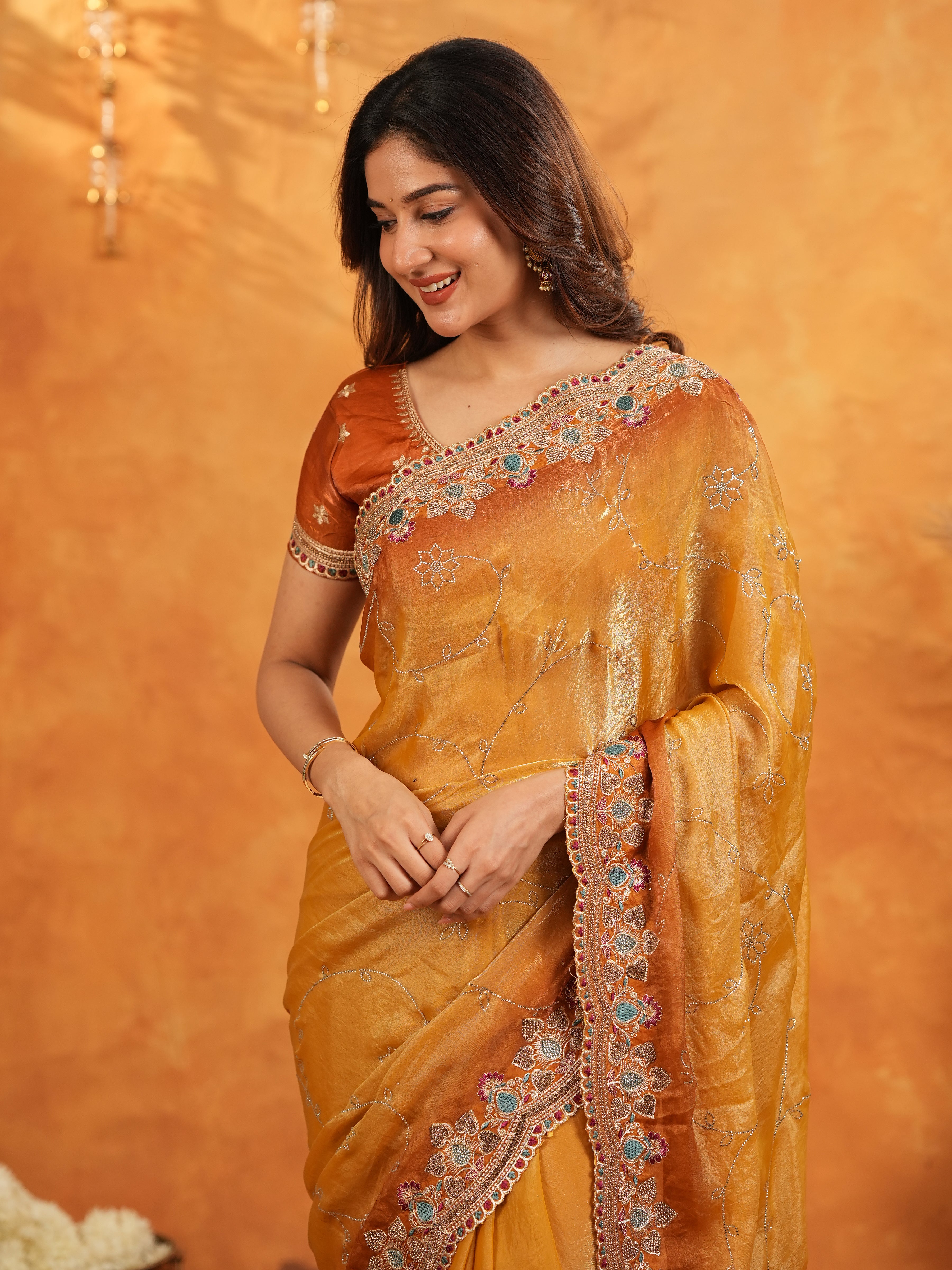 Mustard Gold Fendy Satin Embroidered Saree with Multicolor Floral Border & Tassels | Designer Festive Party Wear Saree with Heavy Embroidered Blouse