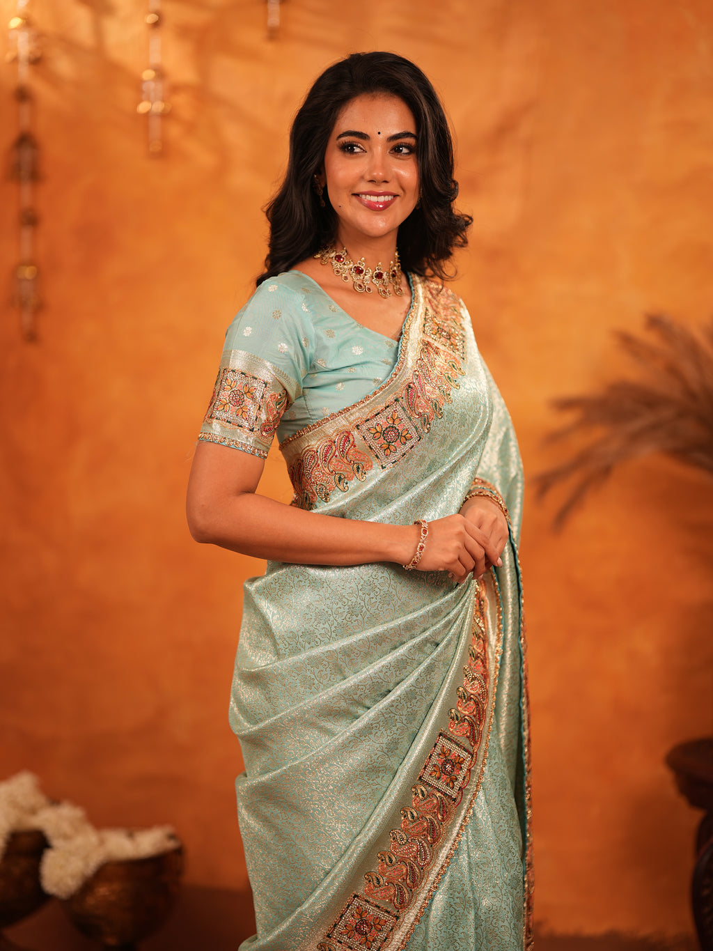 Mint Green Banarasi Silk Saree with Intricate Zari Weaving & Heavy Ornamental Embroidered Border | Elegant Festive & Wedding Wear Saree with Blouse