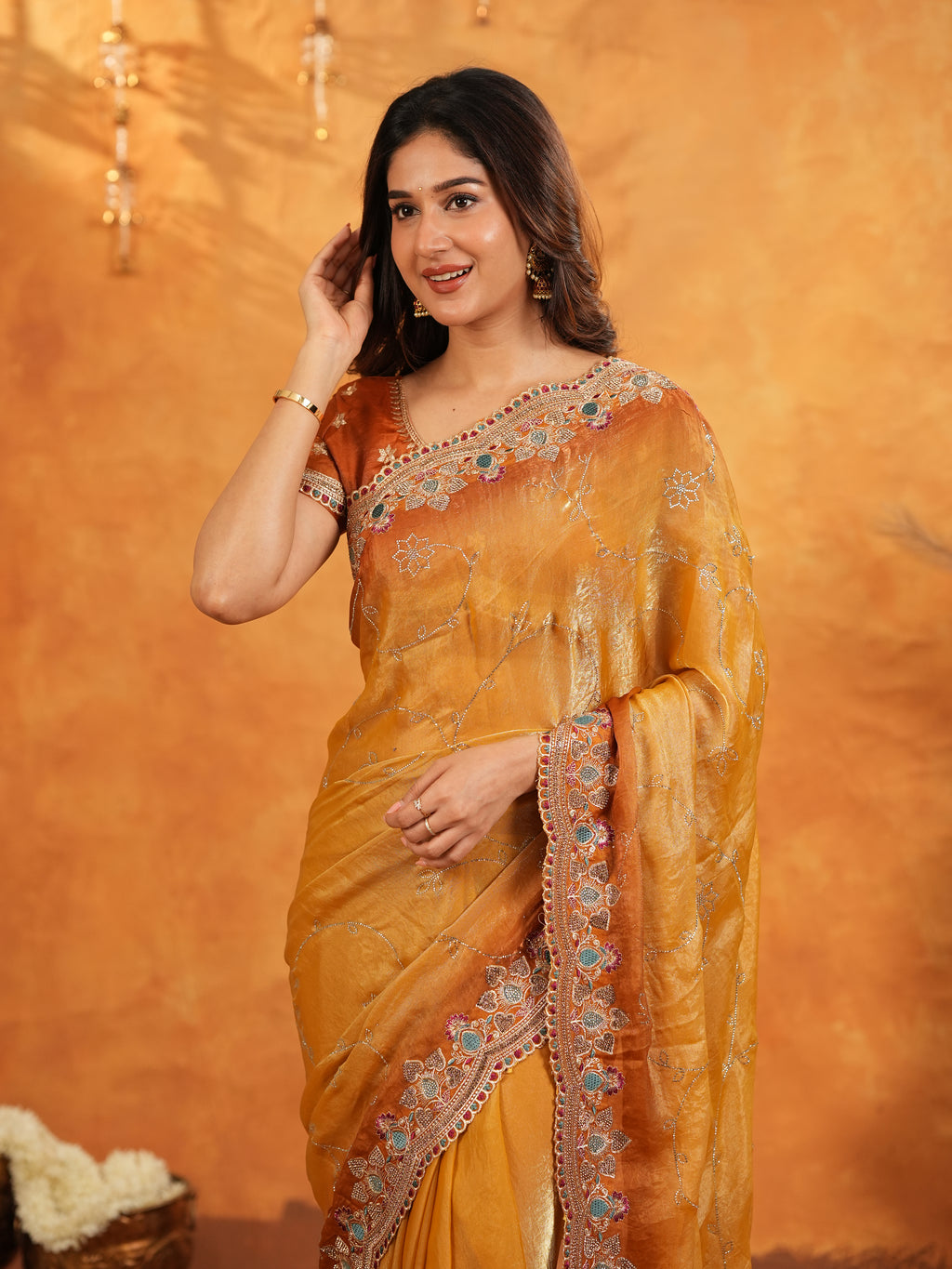 Mustard Gold Fendy Satin Embroidered Saree with Multicolor Floral Border & Tassels | Designer Festive Party Wear Saree with Heavy Embroidered Blouse
