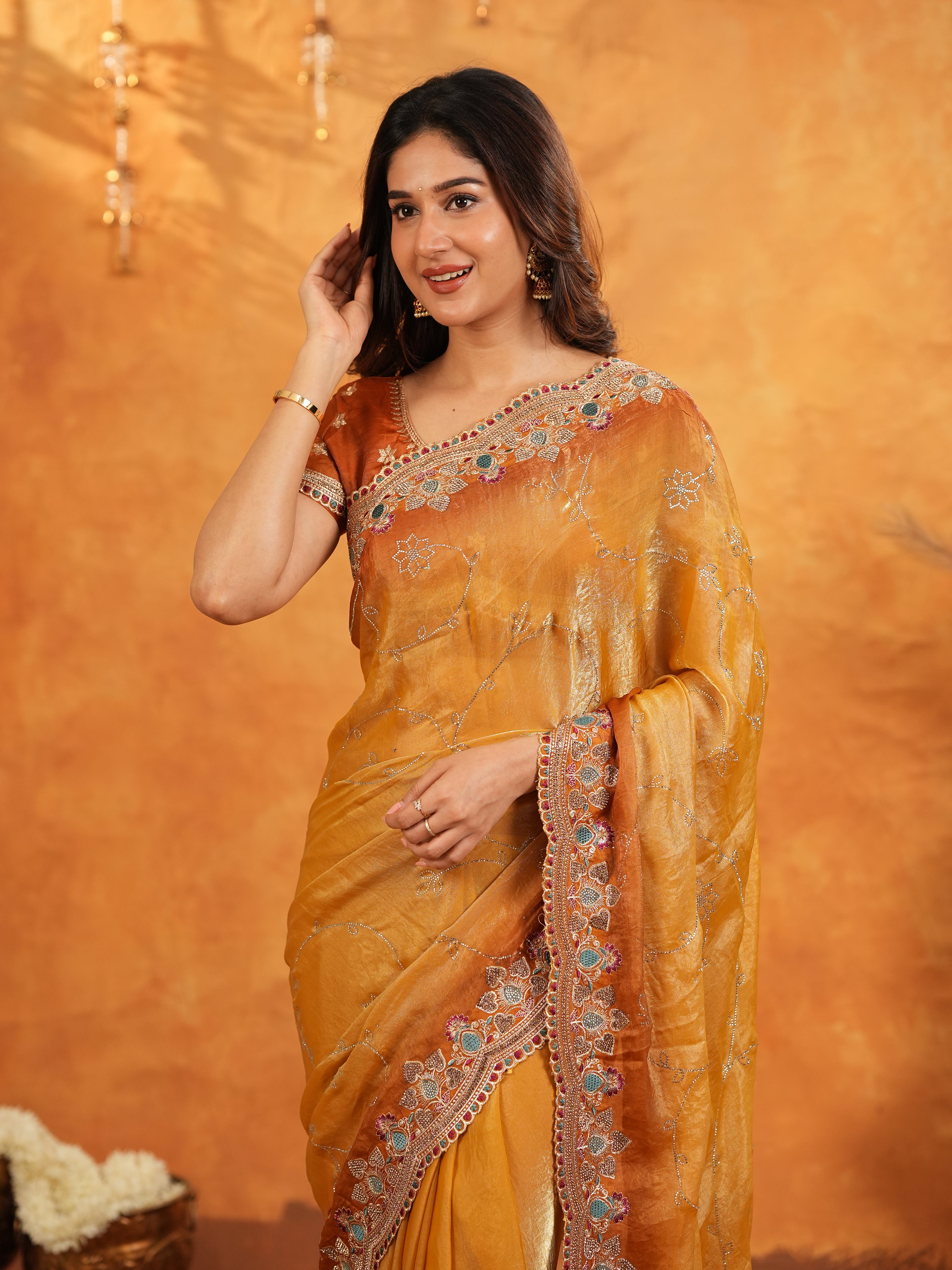 Mustard Gold Fendy Satin Embroidered Saree with Multicolor Floral Border & Tassels | Designer Festive Party Wear Saree with Heavy Embroidered Blouse