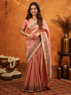 Peach Pink Banarasi Silk Embroidered Saree with Floral Border & Zari Weaving | Heavy Embroidered Blouse with Tassels | Wedding & Festive Wear Saree