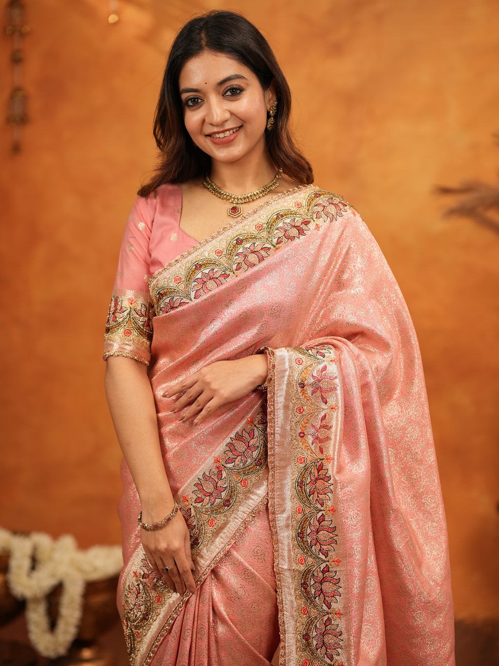 Peach Pink Banarasi Silk Embroidered Saree with Floral Border & Zari Weaving | Heavy Embroidered Blouse with Tassels | Wedding & Festive Wear Saree