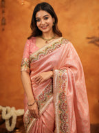 Peach Pink Banarasi Silk Embroidered Saree with Floral Border & Zari Weaving | Heavy Embroidered Blouse with Tassels | Wedding & Festive Wear Saree