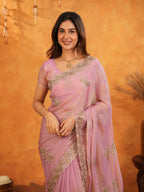 Pastel Baby Pink Fendy Satin Embroidered Saree with Rich Floral Border & Tassels | Elegant Designer Saree with Heavy Embroidered Blouse