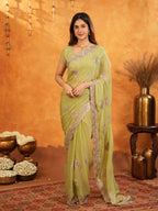 Pista Green Fendy Satin Embroidered Saree with Floral Border & Tassels | Elegant Pastel Designer Saree with Heavy Embroidered Blouse
