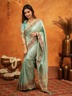 Aqua Green Banarasi Silk Embroidered Saree with Floral Border & Zari Weaving | Heavy Embroidered Blouse with Tassels | Wedding & Festive Wear Saree