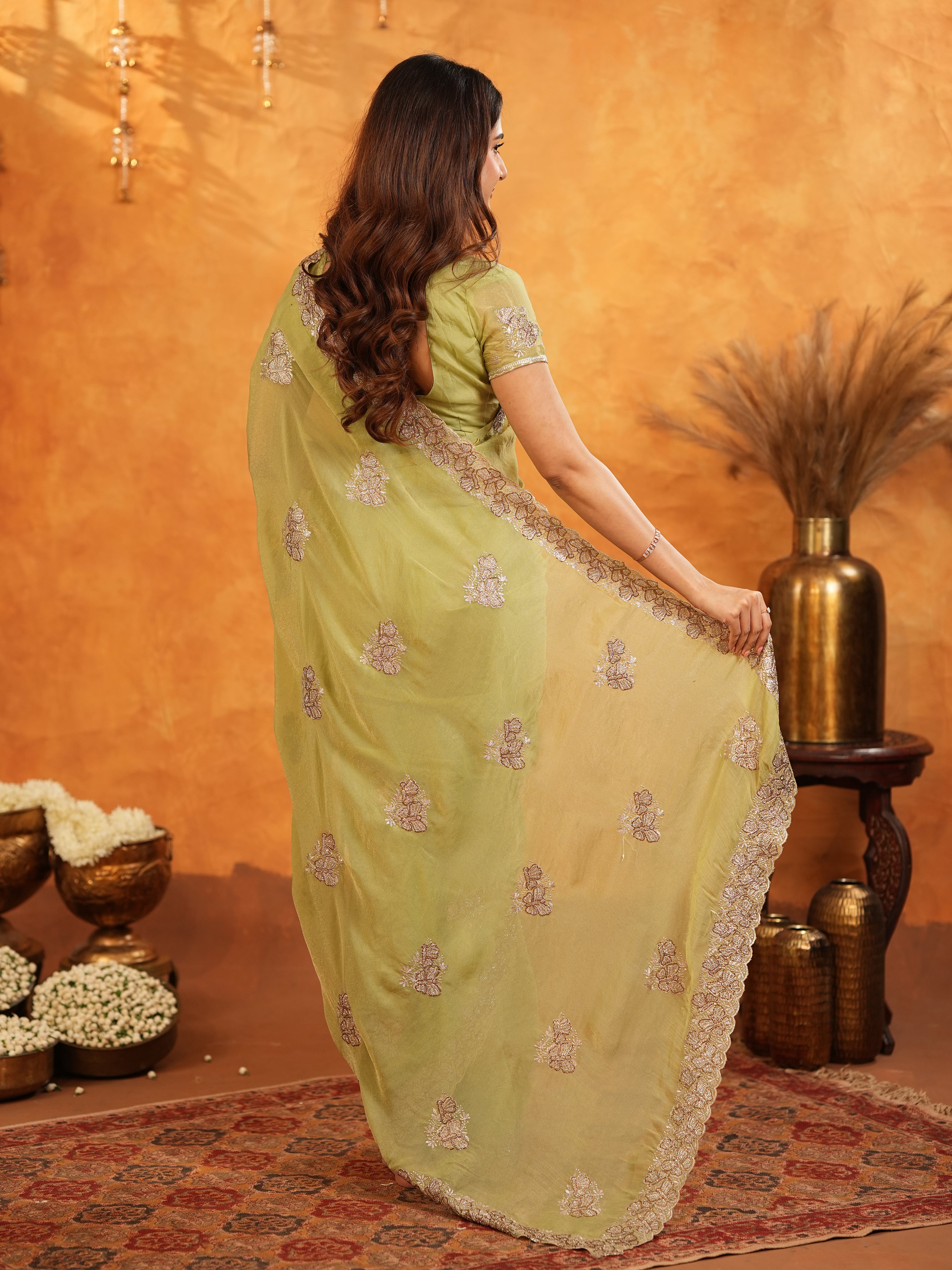 Pista Green Fendy Satin Embroidered Saree with Floral Border & Tassels | Elegant Pastel Designer Saree with Heavy Embroidered Blouse