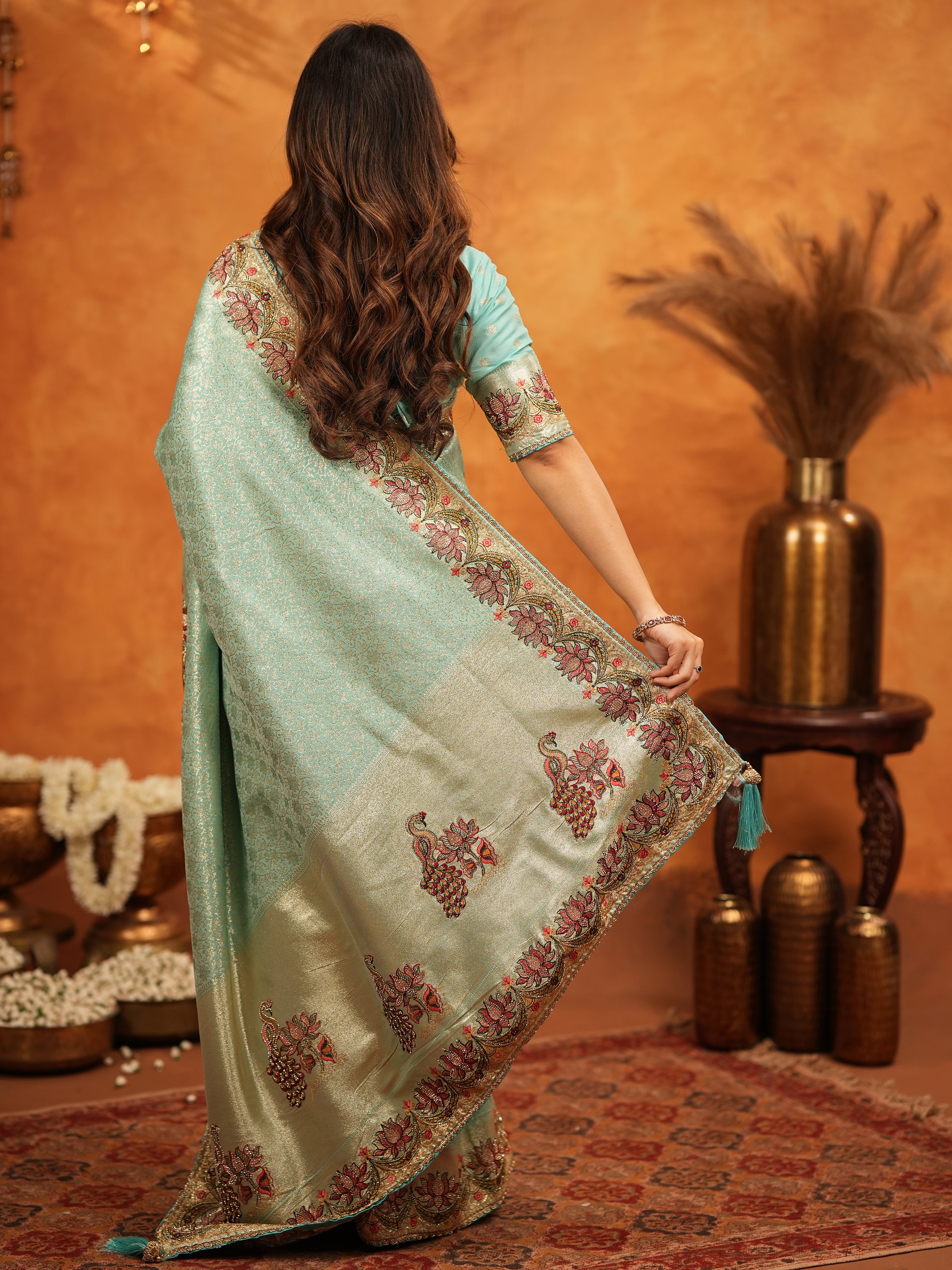 Aqua Green Banarasi Silk Embroidered Saree with Floral Border & Zari Weaving | Heavy Embroidered Blouse with Tassels | Wedding & Festive Wear Saree