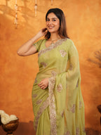 Pista Green Fendy Satin Embroidered Saree with Floral Border & Tassels | Elegant Pastel Designer Saree with Heavy Embroidered Blouse