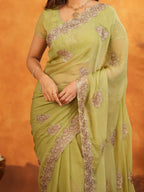 Pista Green Fendy Satin Embroidered Saree with Floral Border & Tassels | Elegant Pastel Designer Saree with Heavy Embroidered Blouse