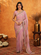 Pastel Baby Pink Fendy Satin Embroidered Saree with Rich Floral Border & Tassels | Elegant Designer Saree with Heavy Embroidered Blouse