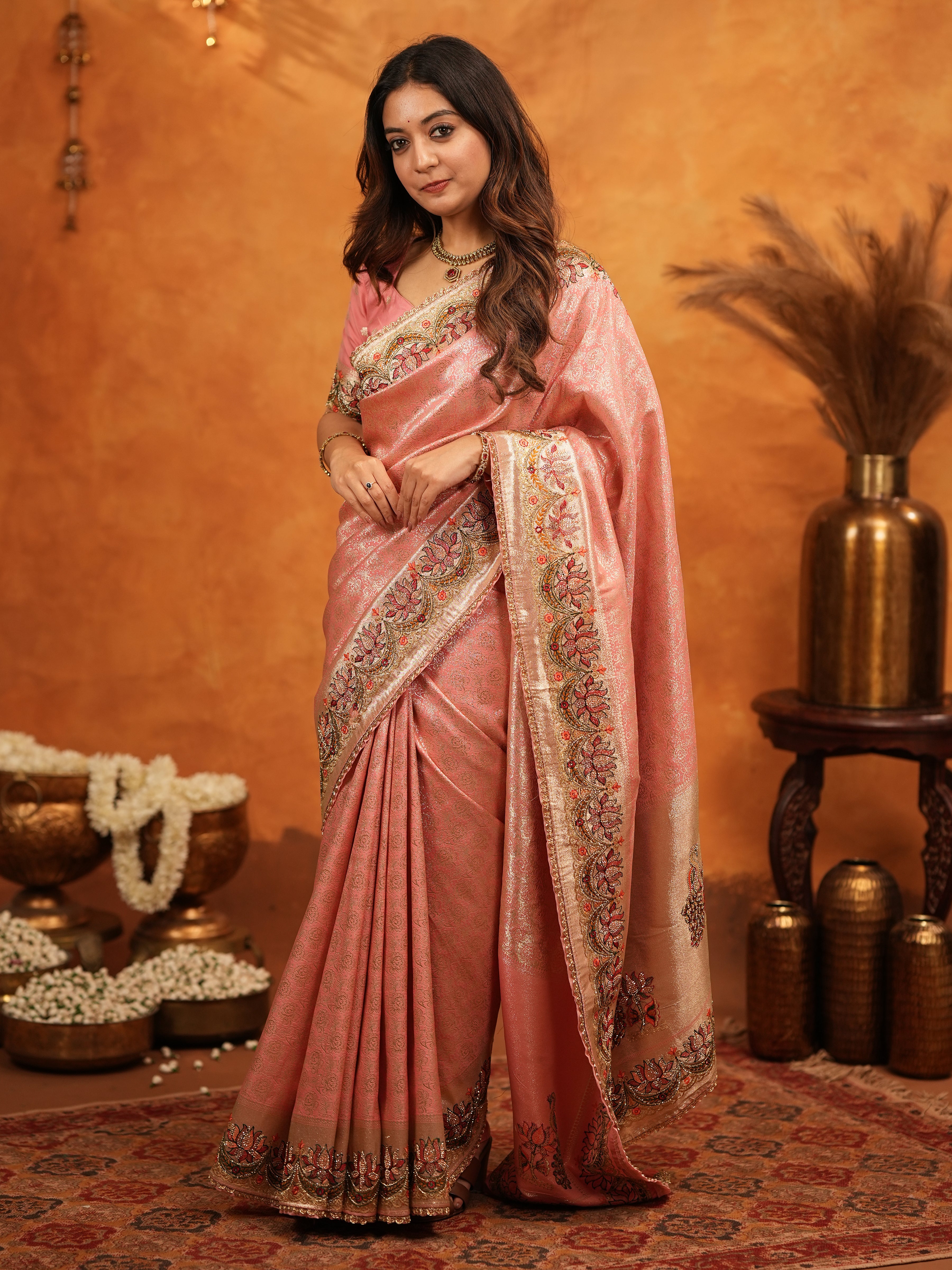 Peach Pink Banarasi Silk Embroidered Saree with Floral Border & Zari Weaving | Heavy Embroidered Blouse with Tassels | Wedding & Festive Wear Saree