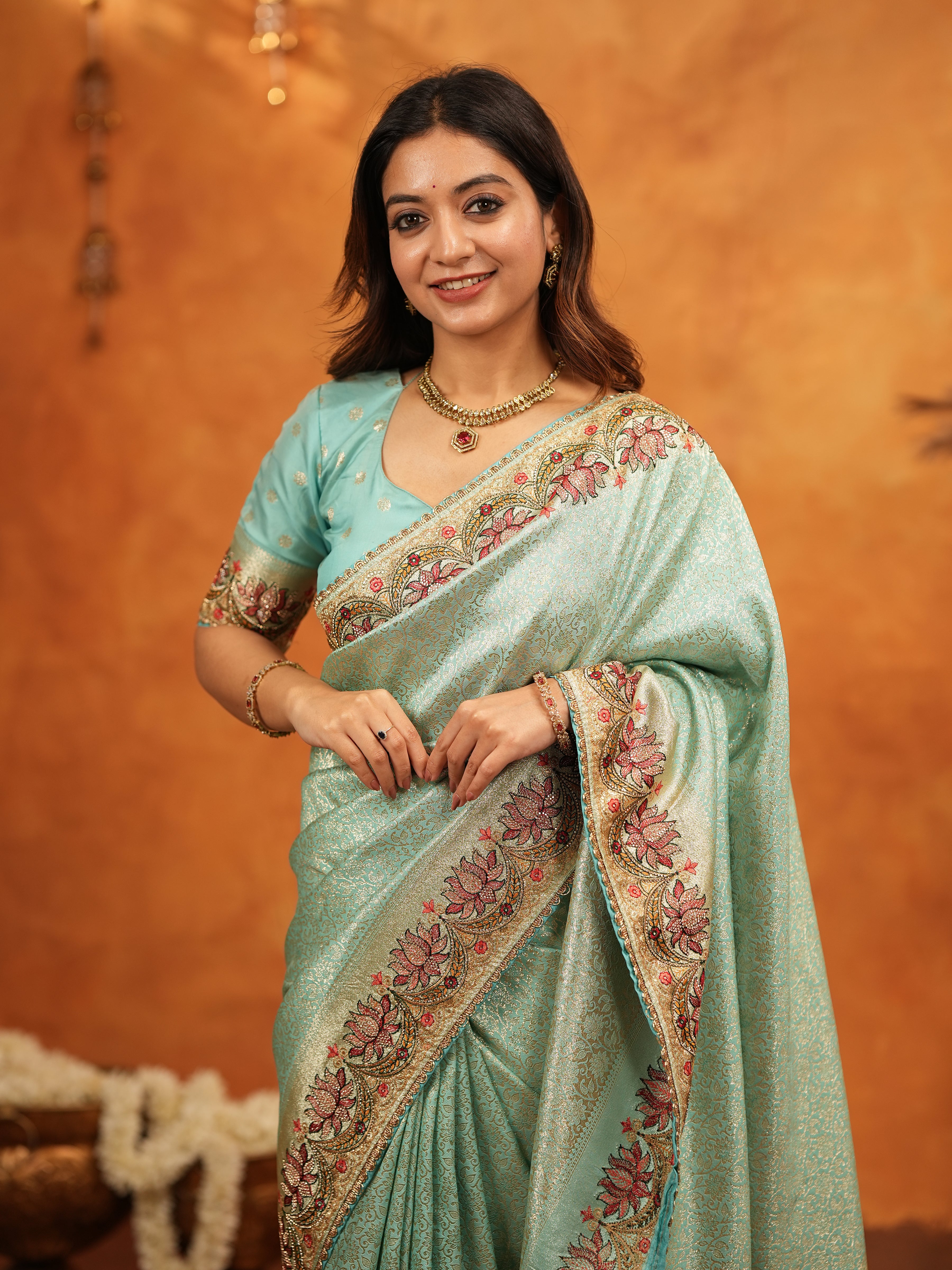 Aqua Green Banarasi Silk Embroidered Saree with Floral Border & Zari Weaving | Heavy Embroidered Blouse with Tassels | Wedding & Festive Wear Saree