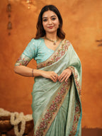 Aqua Green Banarasi Silk Embroidered Saree with Floral Border & Zari Weaving | Heavy Embroidered Blouse with Tassels | Wedding & Festive Wear Saree
