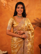 Mustard Gold Banarasi Silk Saree with Floral Zari Butti & Scalloped Embroidered Border | Premium Festive & Wedding Wear Designer Saree