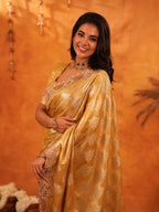 Mustard Gold Banarasi Silk Saree with Floral Zari Butti & Scalloped Embroidered Border | Premium Festive & Wedding Wear Designer Saree