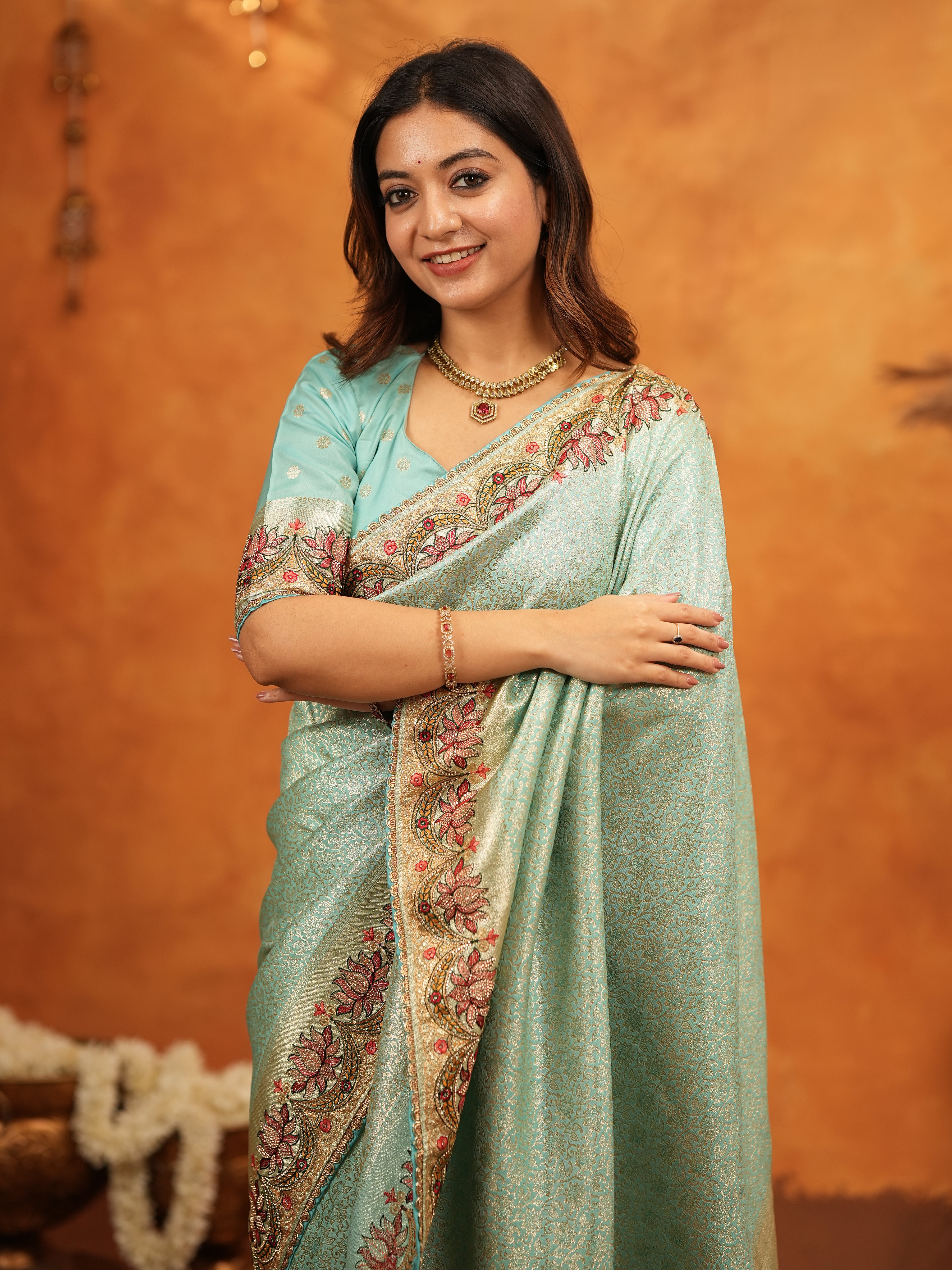 Aqua Green Banarasi Silk Embroidered Saree with Floral Border & Zari Weaving | Heavy Embroidered Blouse with Tassels | Wedding & Festive Wear Saree