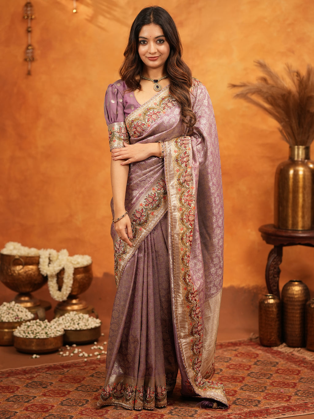 Lavender Purple Banarasi Silk Embroidered Saree with Floral Border & Zari Weaving | Heavy Embroidered Blouse with Tassels | Wedding & Festive Wear Saree