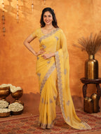 Sunshine Yellow Fendy Satin Embroidered Saree with Floral Border & Tassels | Elegant Festive Designer Saree with Heavy Embroidered Blouse