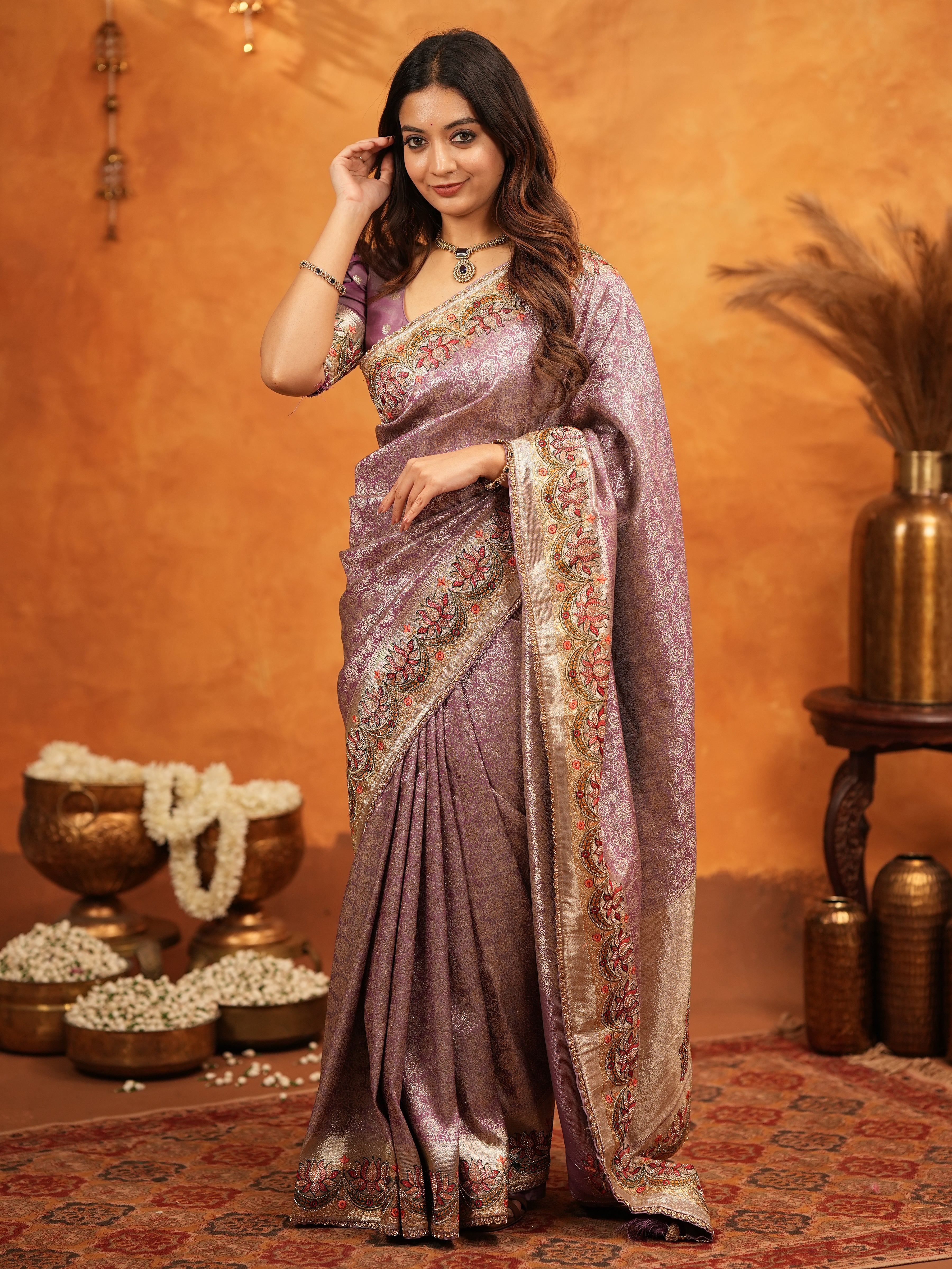 Lavender Purple Banarasi Silk Embroidered Saree with Floral Border & Zari Weaving | Heavy Embroidered Blouse with Tassels | Wedding & Festive Wear Saree