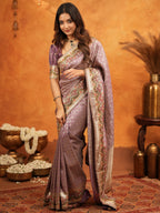 Lavender Purple Banarasi Silk Embroidered Saree with Floral Border & Zari Weaving | Heavy Embroidered Blouse with Tassels | Wedding & Festive Wear Saree