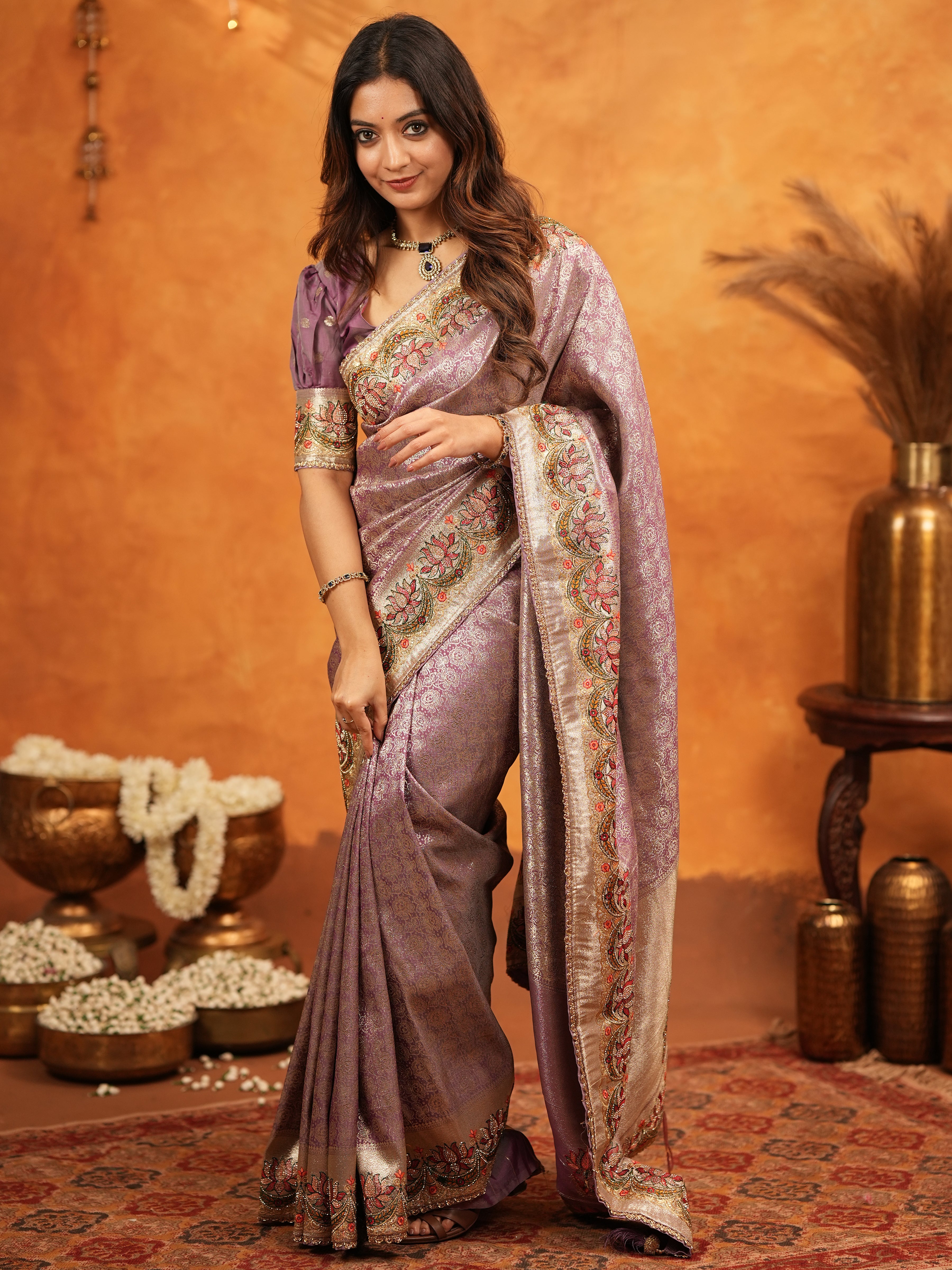 Lavender Purple Banarasi Silk Embroidered Saree with Floral Border & Zari Weaving | Heavy Embroidered Blouse with Tassels | Wedding & Festive Wear Saree
