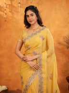 Sunshine Yellow Fendy Satin Embroidered Saree with Floral Border & Tassels | Elegant Festive Designer Saree with Heavy Embroidered Blouse