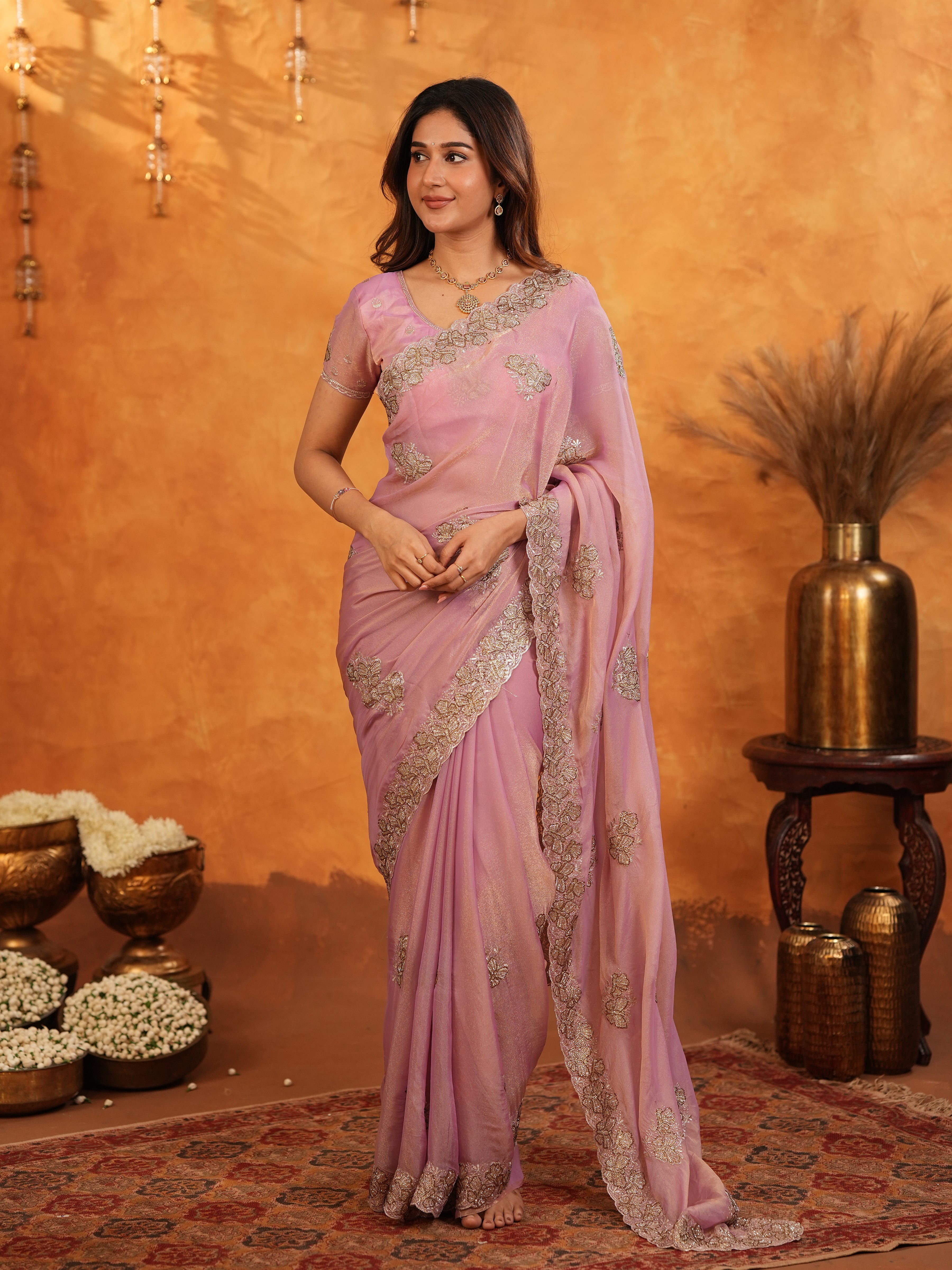 Pastel Baby Pink Fendy Satin Embroidered Saree with Rich Floral Border & Tassels | Elegant Designer Saree with Heavy Embroidered Blouse