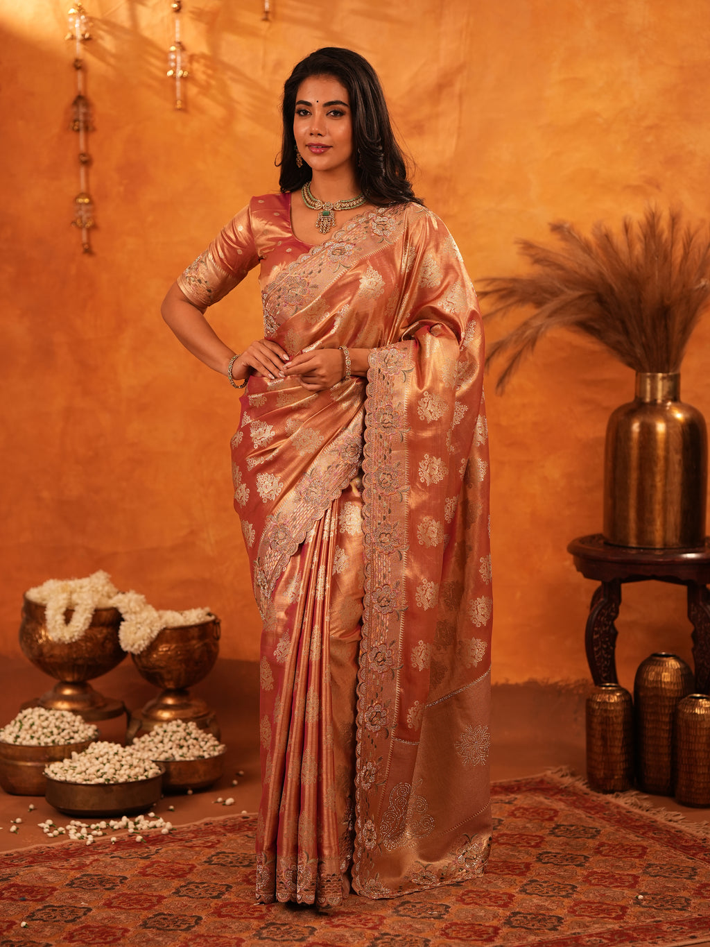 Rose Gold Banarasi Silk Saree with Floral Zari Butti & Scalloped Embroidered Border | Premium Wedding & Festive Wear Designer Saree
