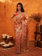 Rose Gold Banarasi Silk Saree with Floral Zari Butti & Scalloped Embroidered Border | Premium Wedding & Festive Wear Designer Saree
