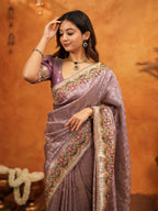 Lavender Purple Banarasi Silk Embroidered Saree with Floral Border & Zari Weaving | Heavy Embroidered Blouse with Tassels | Wedding & Festive Wear Saree