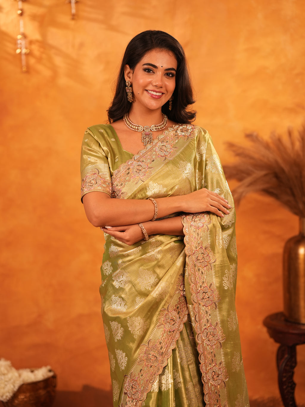 Mehendi Green Banarasi Silk Saree with Floral Zari Butti & Scalloped Embroidered Border | Elegant Festive & Wedding Wear Designer Saree