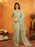 Mint Green Fendy Satin Embroidered Saree with Elegant Floral Work & Tassels | Soft Pastel Designer Saree with Heavy Embroidered Blouse